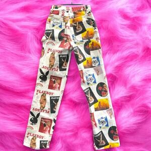 PLAYBOY PACSUN JEANS 70s HIGH RISE BOYFRIEND ALL OVER PRINT LOGO RETRO SZ 24 XS